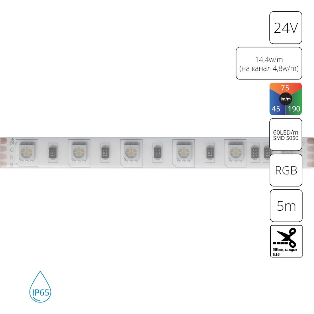Светодиодная лента 24V 14,4W/m (на канал 4,8W/m) RGB 5м IP65 Arte Lamp AQUA TAPE A2406010-02-RGB — фото 1