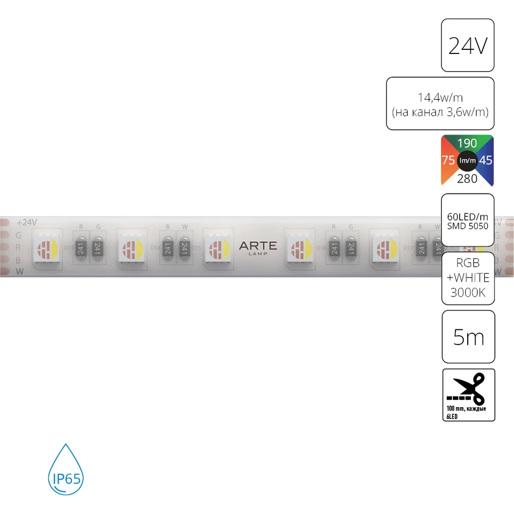 Светодиодная лента 24V 14,4W/m (на канал 3,6W/m) RGB+W 3000К 5м IP65 Arte Lamp AQUA TAPE A2406012-04-RGB3K — фото 1