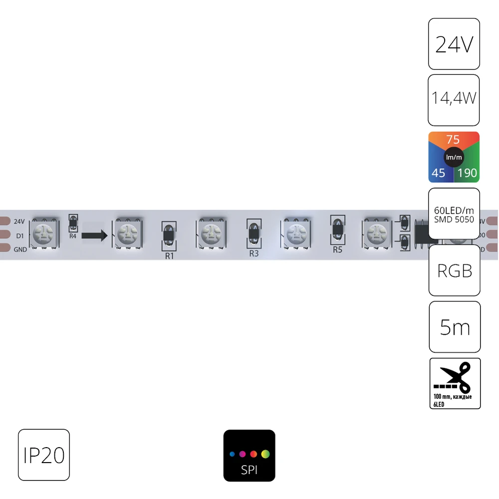 Светодиодная лента 24V 14,4W/m (на канал 4,8W/m) RGB 5м IP20 Arte Lamp SPI A2406010-05-RGB — фото 1